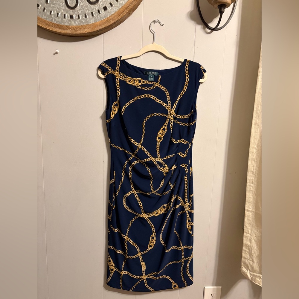 Ralph Lauren Navy Dress with Gold Chain Pattern - Picture 1 of 6